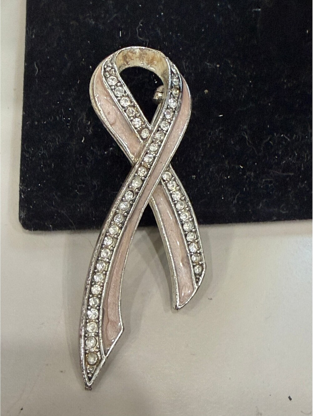 Vintage Pink Ribbon Awareness Brooch with Rhinestones